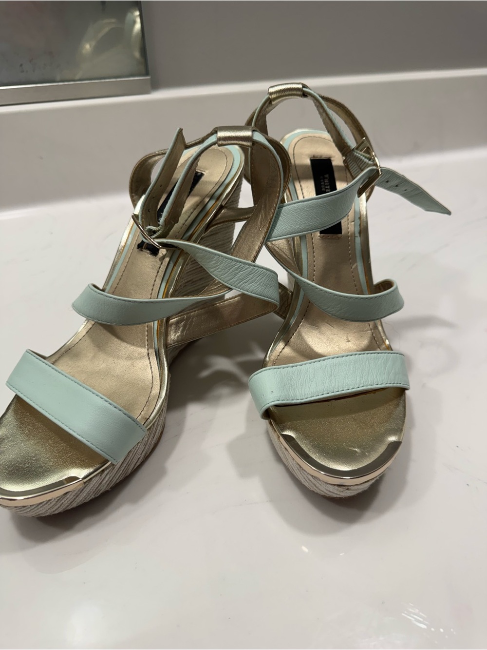 White House Black Market Mint Green Strappy Wedge Sandals